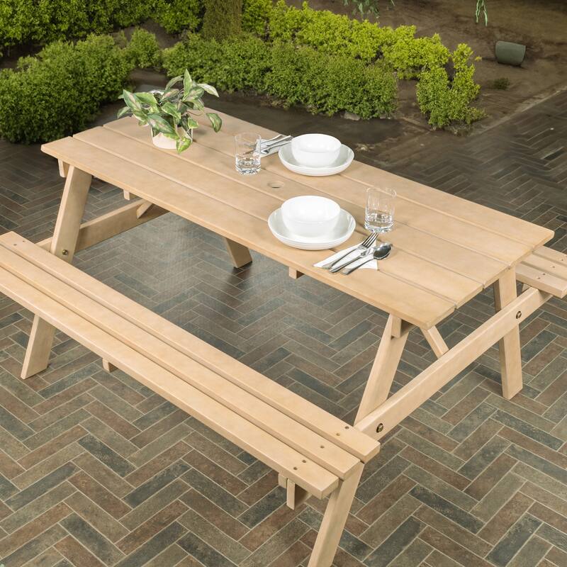 Shoreham 55" Modern Classic Outdoor Wood Picnic Table Benches with Umbrella Hole - Light Teak