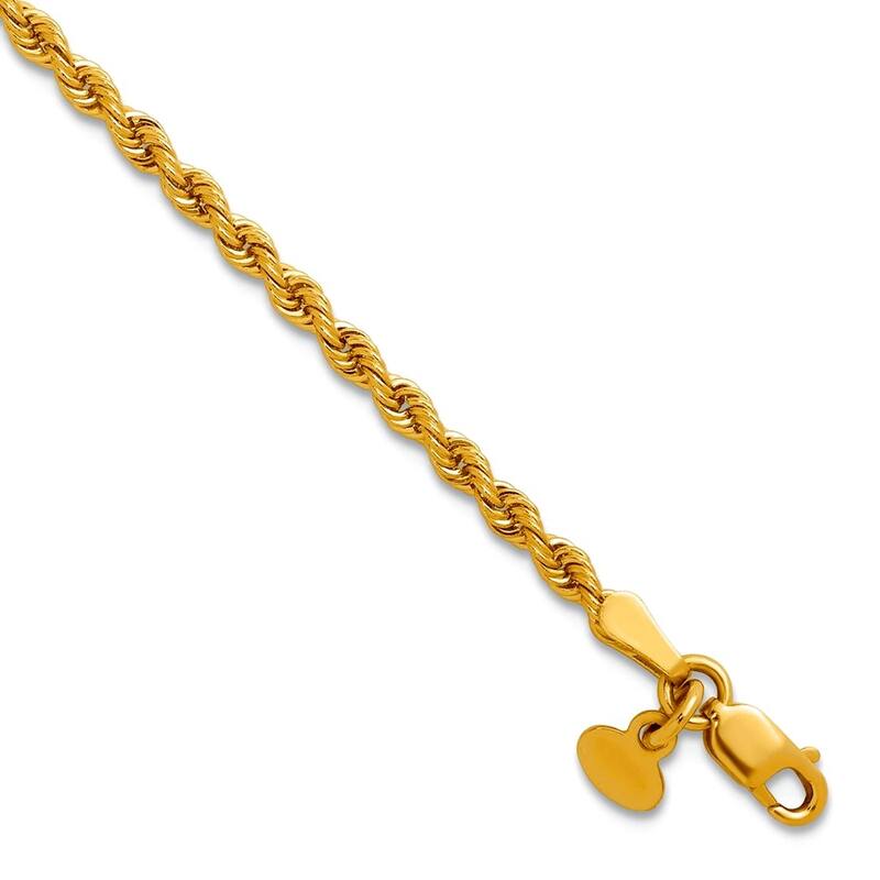 Curata 14k Yellow Gold Italian 7" 2.5mm Solid Rope Chain Bracelet for Women
