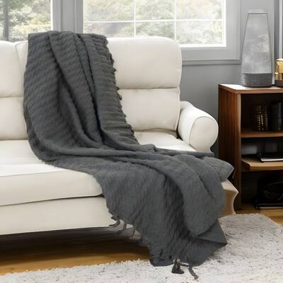 HomeRoots 50" X 60" Gray Cotton Knitted Striped Throw Blanket with Tassels