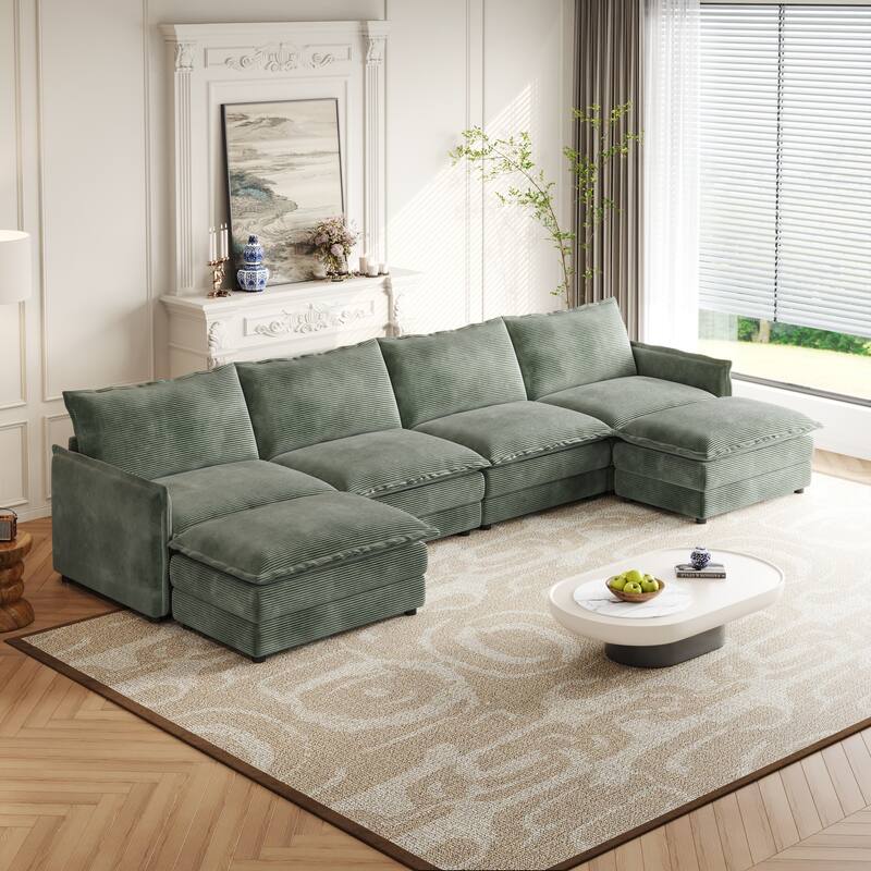 4-Seater Couch with 2 Ottomans, Corduroy Upholstered Cloud Sectional Deep Seat Sleeper Sofa U-Shaped Modular Couch