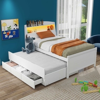 Stylish Platform Bed with Storage LED Headboard, Twin Trundle & 3 ...