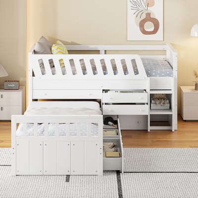 L-shaped Space-Saving Twin Loft and Twin Platform Bed with 7 Drawers and Full Guardrails-White