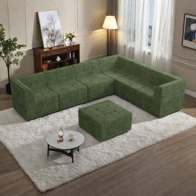 130.32" L-Shaped Corduroy Modular Sectional Sofa with DIY Configuration, and Convertible Sleeper (4/6/7/9-Seater Options)