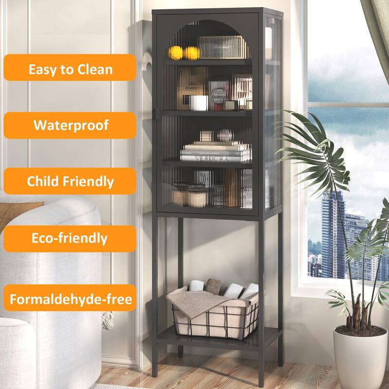Modern Metal Storage Cabinet with Glass Doors and 3 Adjustable Shelves for Home, Office