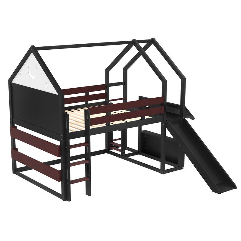 Roomfitters House Loft Bed with Slide and Bookshelf, Star Moon Roof Design