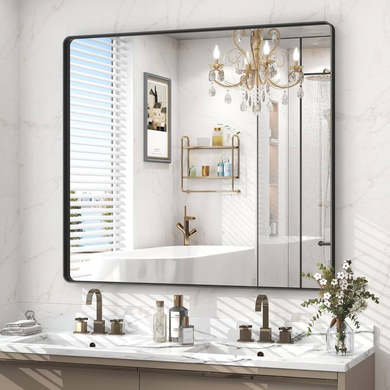Aluminum Alloy Framed French Cleat Mounted Tempered Glass Wall Vanity Mirror - Black - 40" x 36"