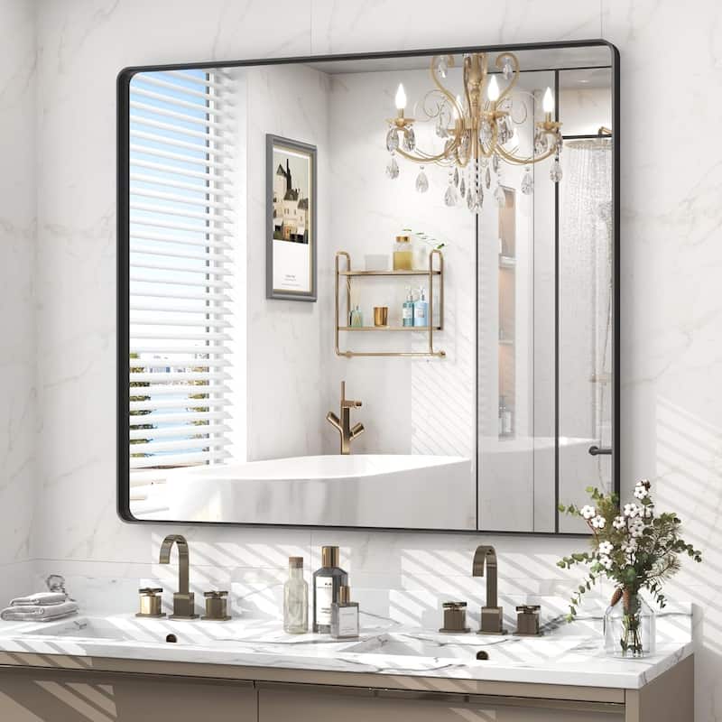 Aluminum alloy Framed Tempered Glass Wall Bathroom Vanity Mirror - 40" x 36" - Black