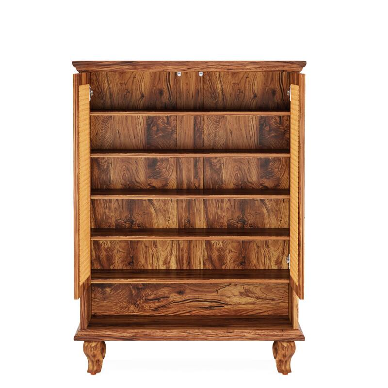 25" Modern Rattan Natural Wood Shoe Cabinet with 5-Tier
