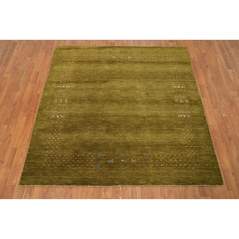 Hand Knotted Oriental 100% Wool Carpet Tribal Animal Pictorial Green Gabbeh Area Rug - 5' 11'' X 5' 10''