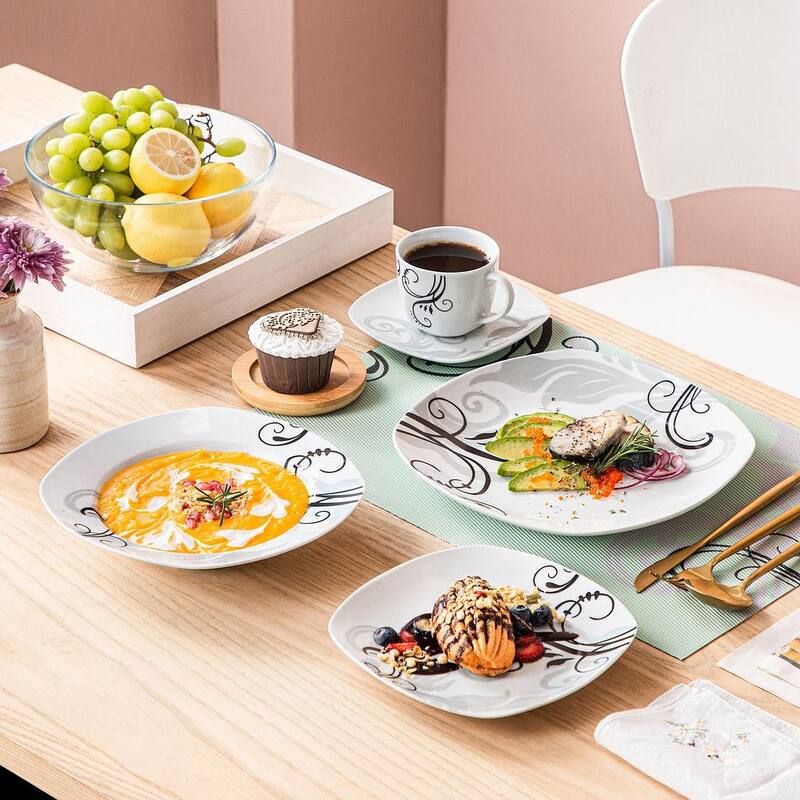 60-Piece Porcelain Tableware Set Decal Patterns, Plate and Bowl Set