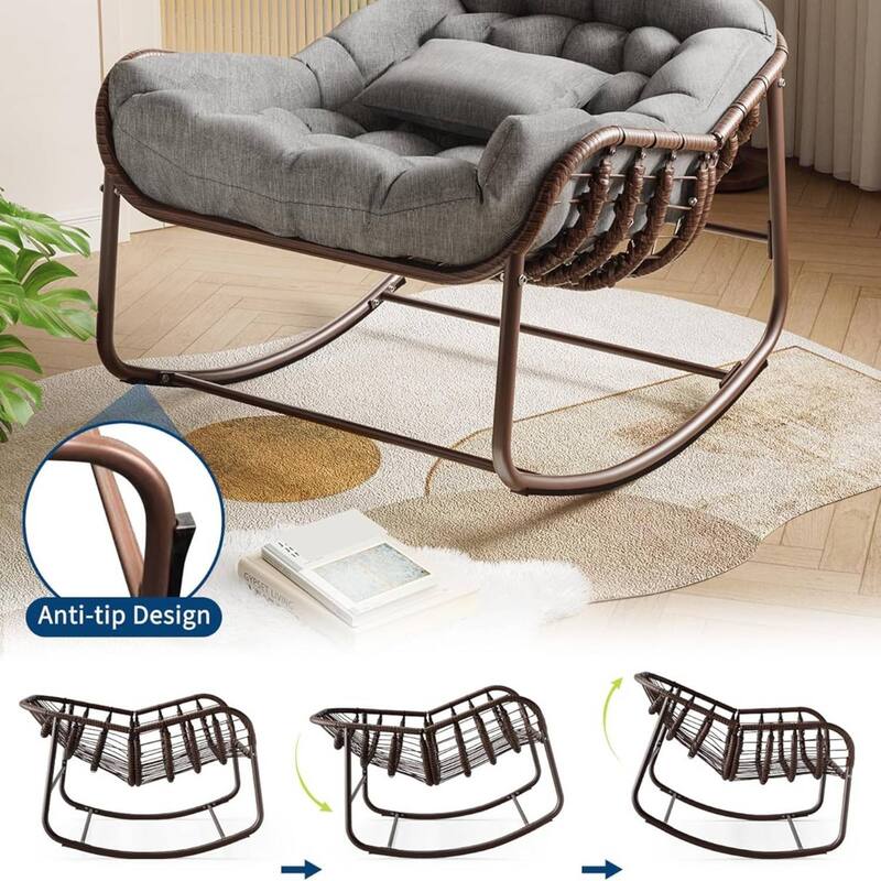 Outdoor Rocking Chair, Wicker Lounge Chair with Cushion for Balcony Backyard Porch Bedroom - 1PC