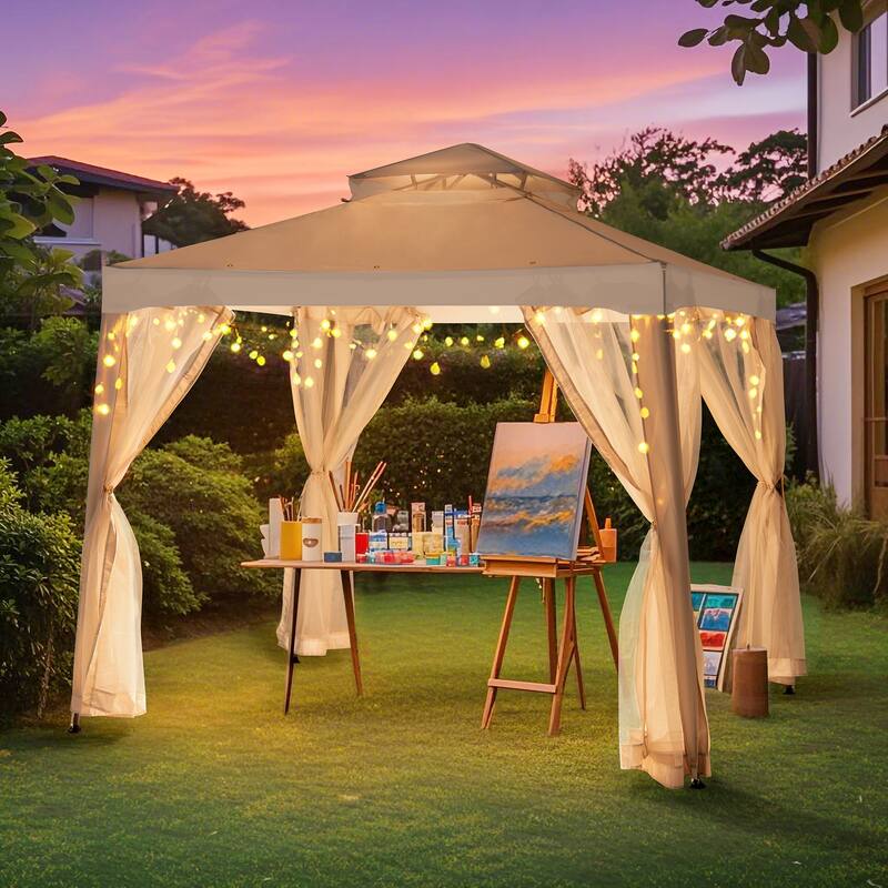 Sunjoy 8 x 8 Outdoor Patio Gazebo Outdoor Backyard Modern 2 Tier Steel Frame Soft Top Gazebo with Mesh Netting Grey Khaki