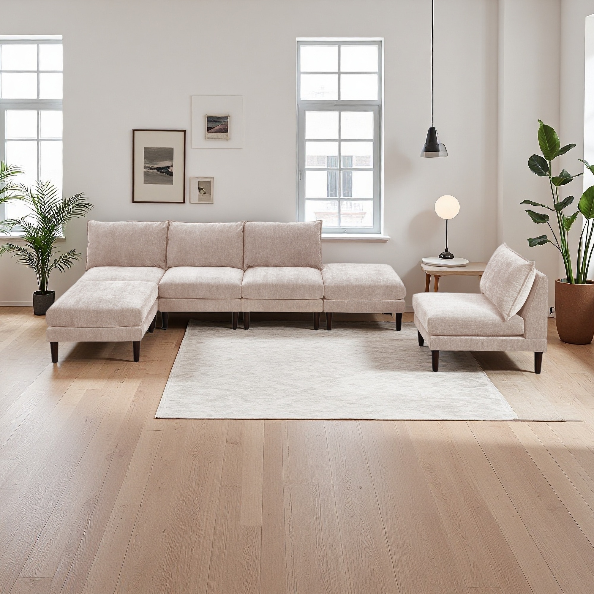 114" Fabric Modular 6-Piece Sofa with 4 Armless Chairs, 2 Ottomans and Cushion Pillows