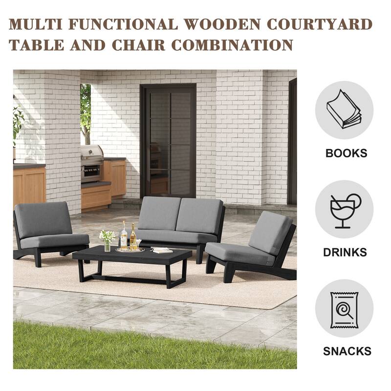 4 Set Outdoor Patio Teak Wood Club Chairs Loveseat with Cushion