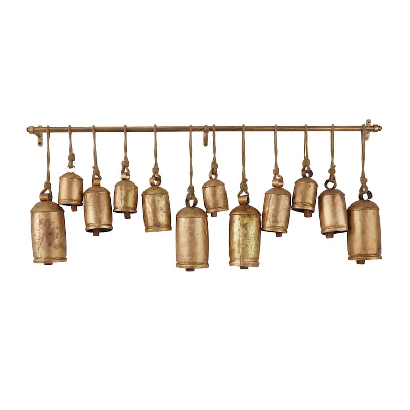 Bronze or Gray Metal Tibetan Inspired Decorative Cow Bell with Jute Hanging Rope and Rod
