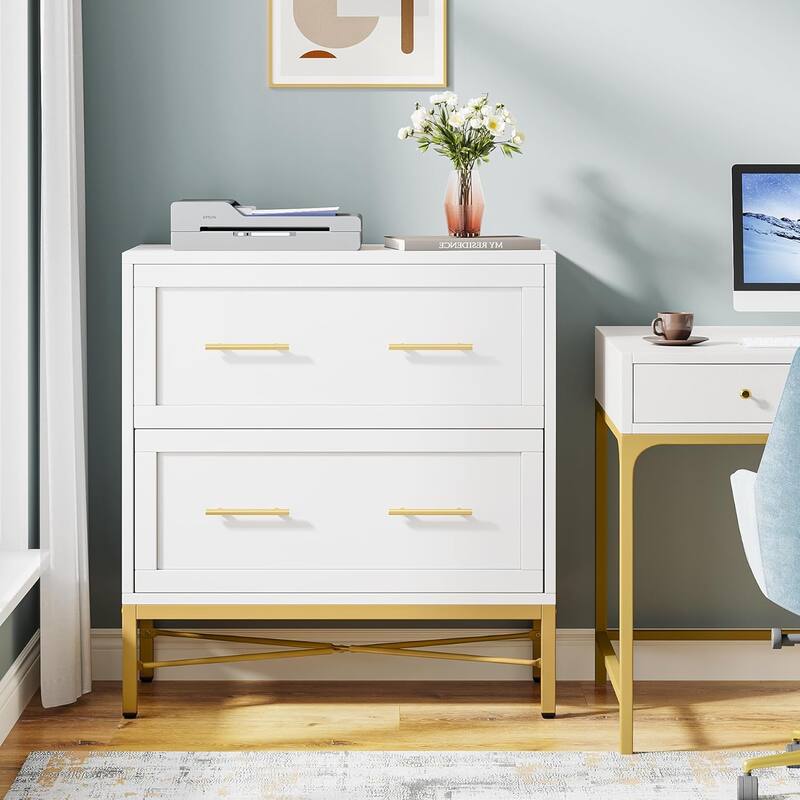 31.49-Inches Modern White & Gold 2-Drawer Lateral File Cabinet, Wood Filing Storage Cabinet