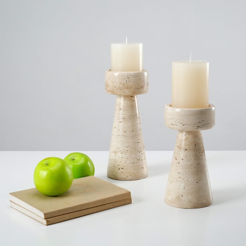 Set Of Two Travertine Candle Holder