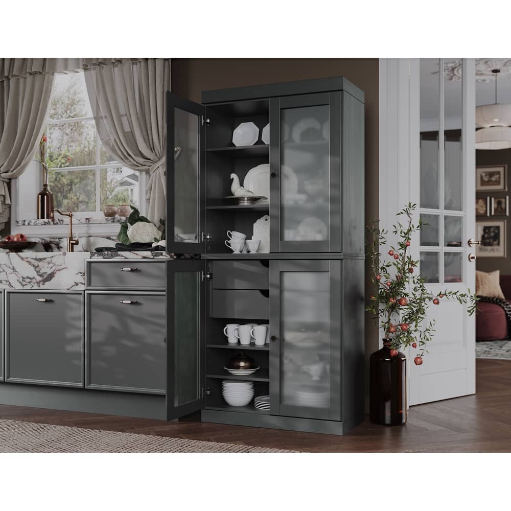 Palace Imports 100% Solid Wood Pantry Cabinet with Frosted Glass Doors, 2-Drawers and Adjustable Shelves - 32" x 71.5"