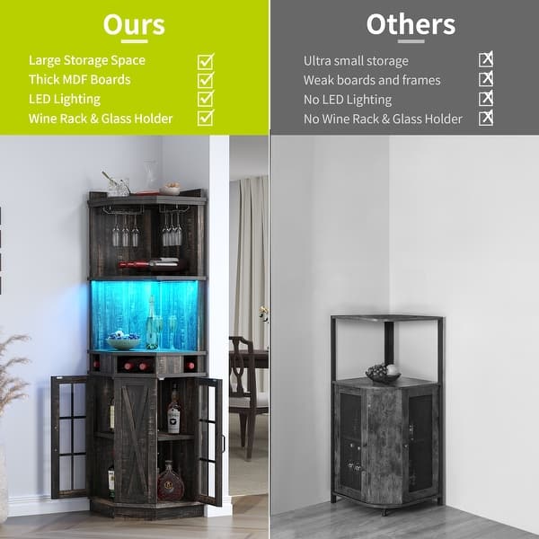 Industrial Corner Bar Cabinet With LED Lights & Power Outlet - 4-Tier Wine & Liquor Storage, Black Freestanding Home Bar