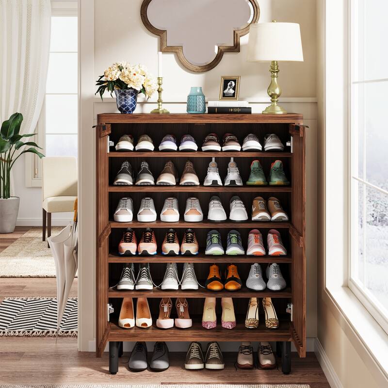 Wooden Shoe Cabinet with Shutter Doors, Adjustable Shelves Large Hidden Storage Organizer Rack for Entryway Hallway