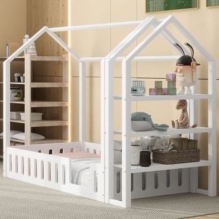 Modern Wood House Bed, with Fence and Detachable and Movable Storage Shelves