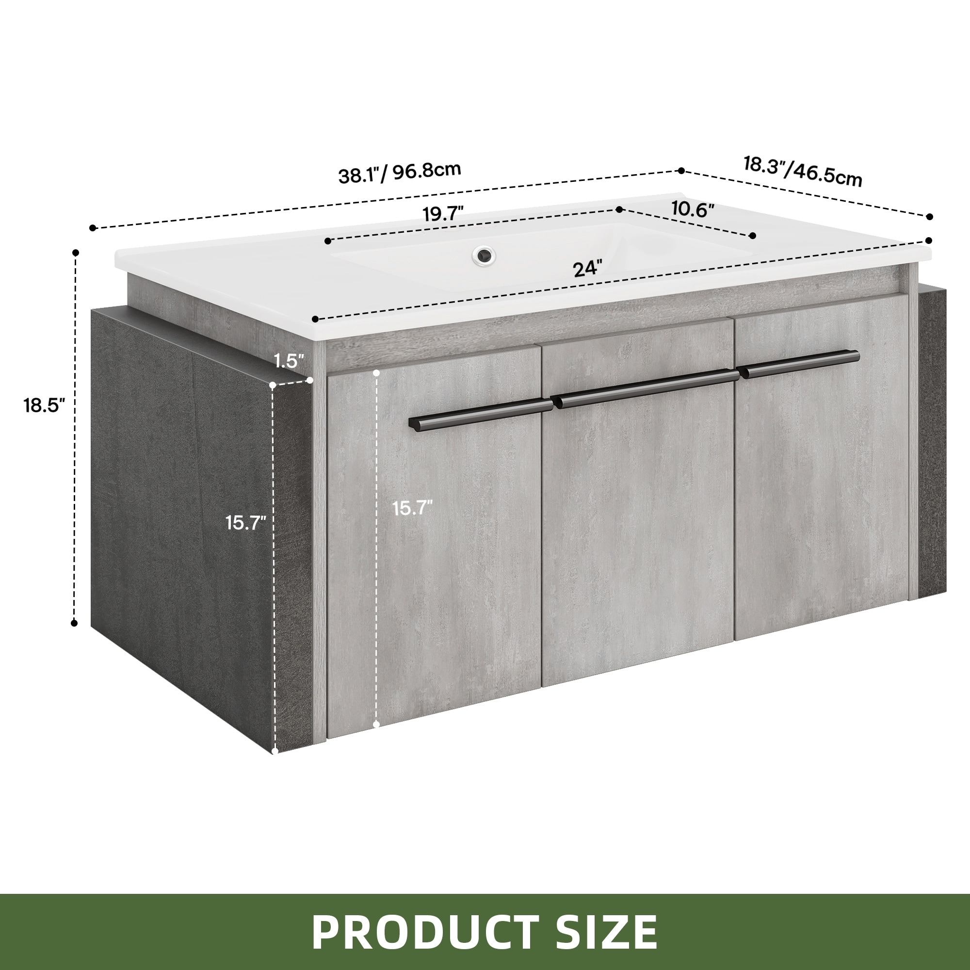 38" Wall-Mounted Modern Bathroom Vanity With Sink Combo and Double Doors Cabinet