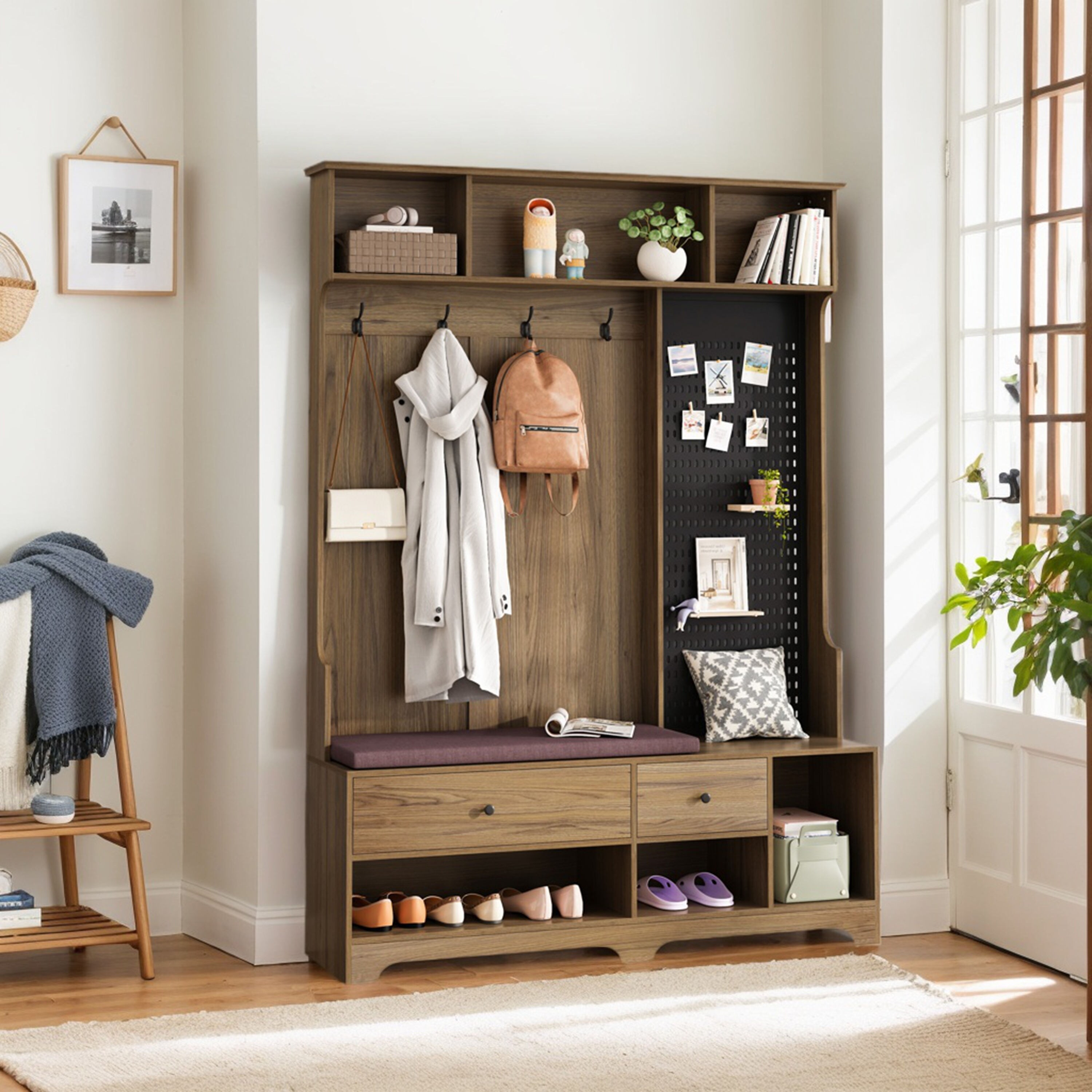 木製ラック・ウッドラック GUIDEL 3DRAWER CHEST Vertical Chest Armoires 3 with Cushioned Entryway Bench,Coat Rack