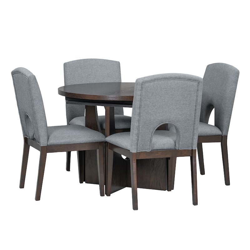5 Piece Functional Dining Set, Wood Extendable Round Dining Table Set with Removable Leaf and 4 Upholstered Chairs