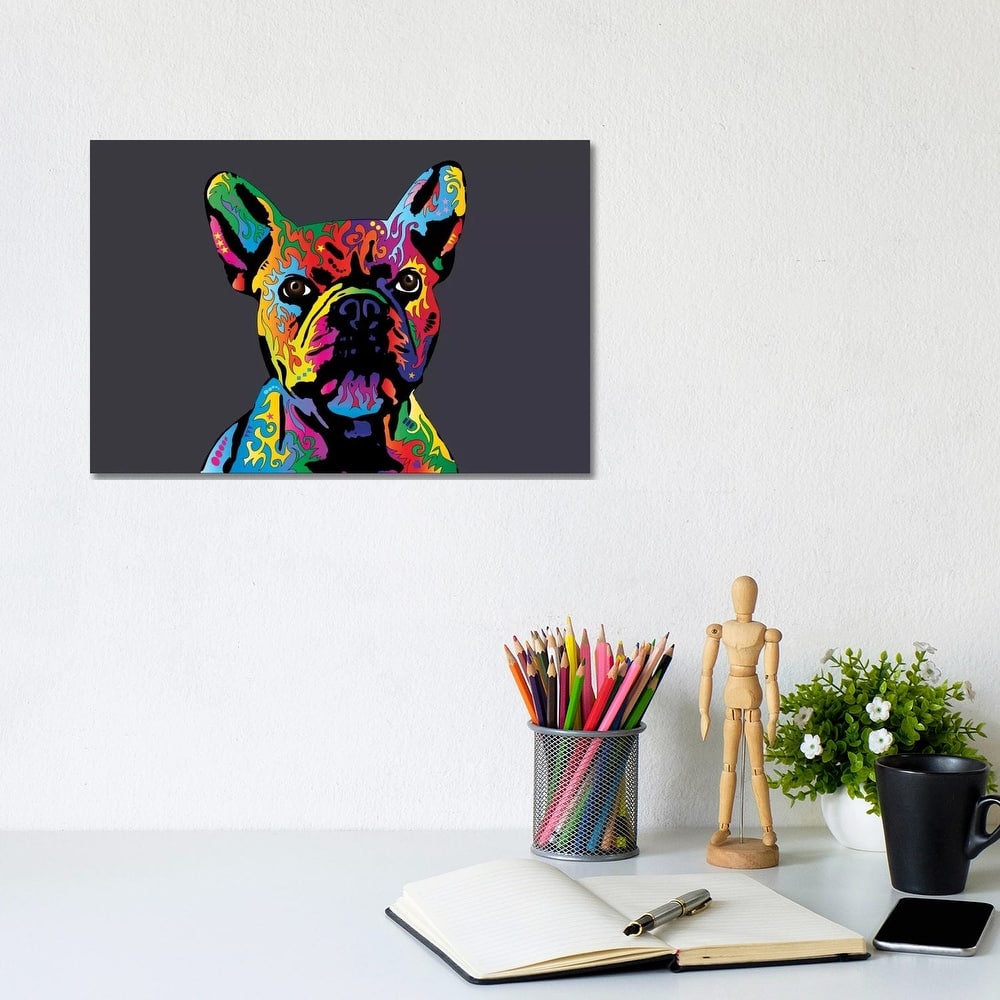 iCanvas "Rainbow French Bulldog On Grey" by Michael Tompsett Canvas Print
