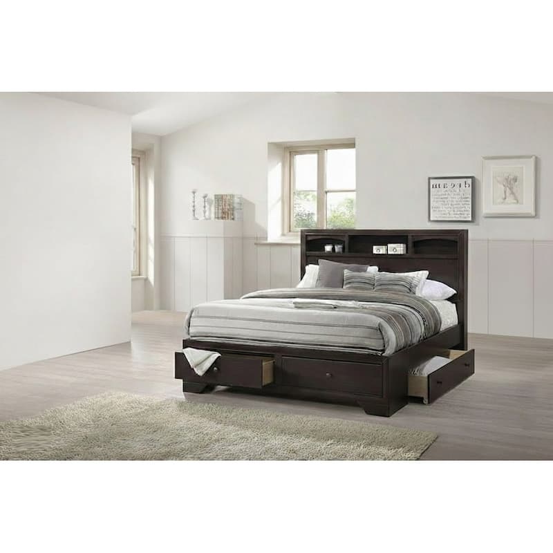 Transitional Style 1pc Bed Set Underbed Drawers Round Knobs Open Shelf Headboard Dark Walnut Finish Bedroom Furniture