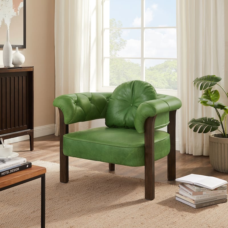 Art Leon Mid-century Top Grain Leather and Wood Accent Chair - Green