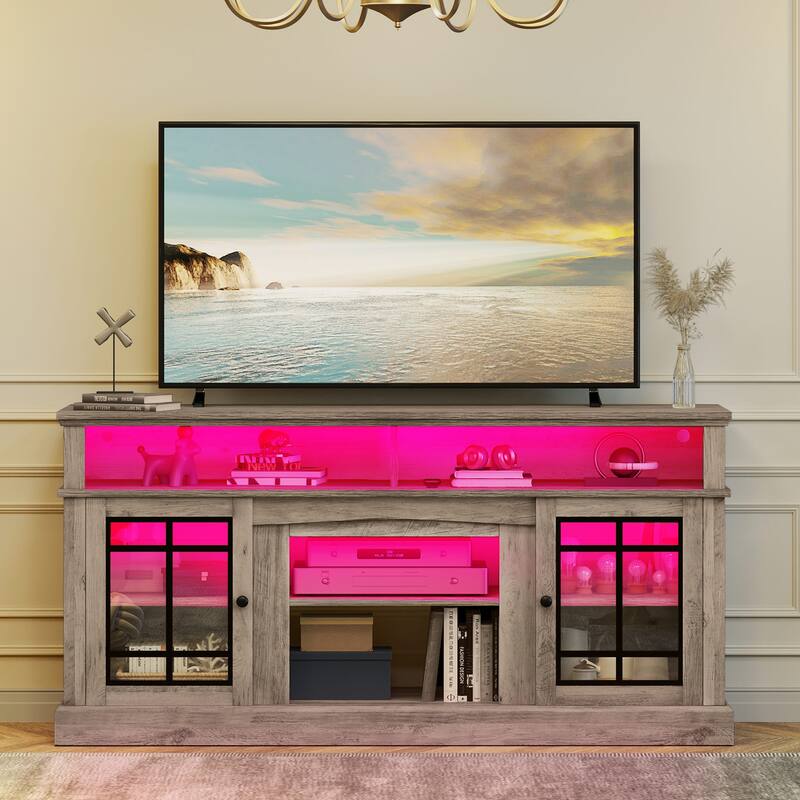 Moasis LED Farmhouse TV Stand Highboy Entertainment Center Media Console with Adjustable Shelves & Glass Doors