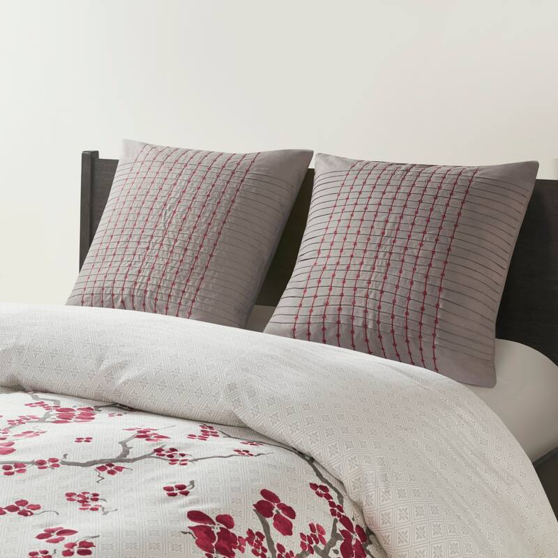 N Natori Cherry Blossom Grey Cotton Sateen 26-Inch Euro Sham with Pleat/ Embroidery Details and Zipper Closure