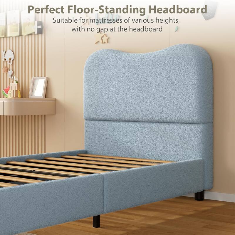 Kids Upholstered Platform Bed, Soft Boucle Fabric with Low Profile Frame & Wood Slats, Boys/Girls Bedroom