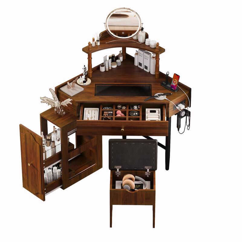 Triangle Makeup Desk with Removable Pull-Out Side Cabinet, Glass Tabletop Makeup Vanity with Drawer and Shelf