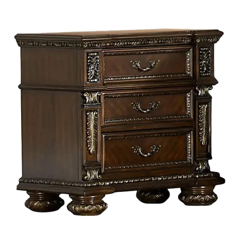 Lumi Four Pc Queen Bedroom Set, Gold Scrollwork, Acanthus Leaf Carving, Cherry Brown