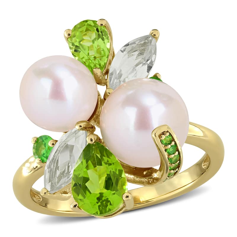 Miadora Cultured Freshwater Pearl and Gemstone Cluster Ring Sterling Silver - Green - 6.5