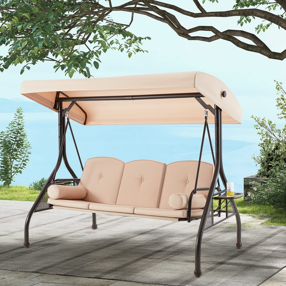3-Seat Outdoor Porch Swing with Adjustable Canopy & Stand, Convertible Bed, All-Weather, Thickened Cushions & Cup Holders