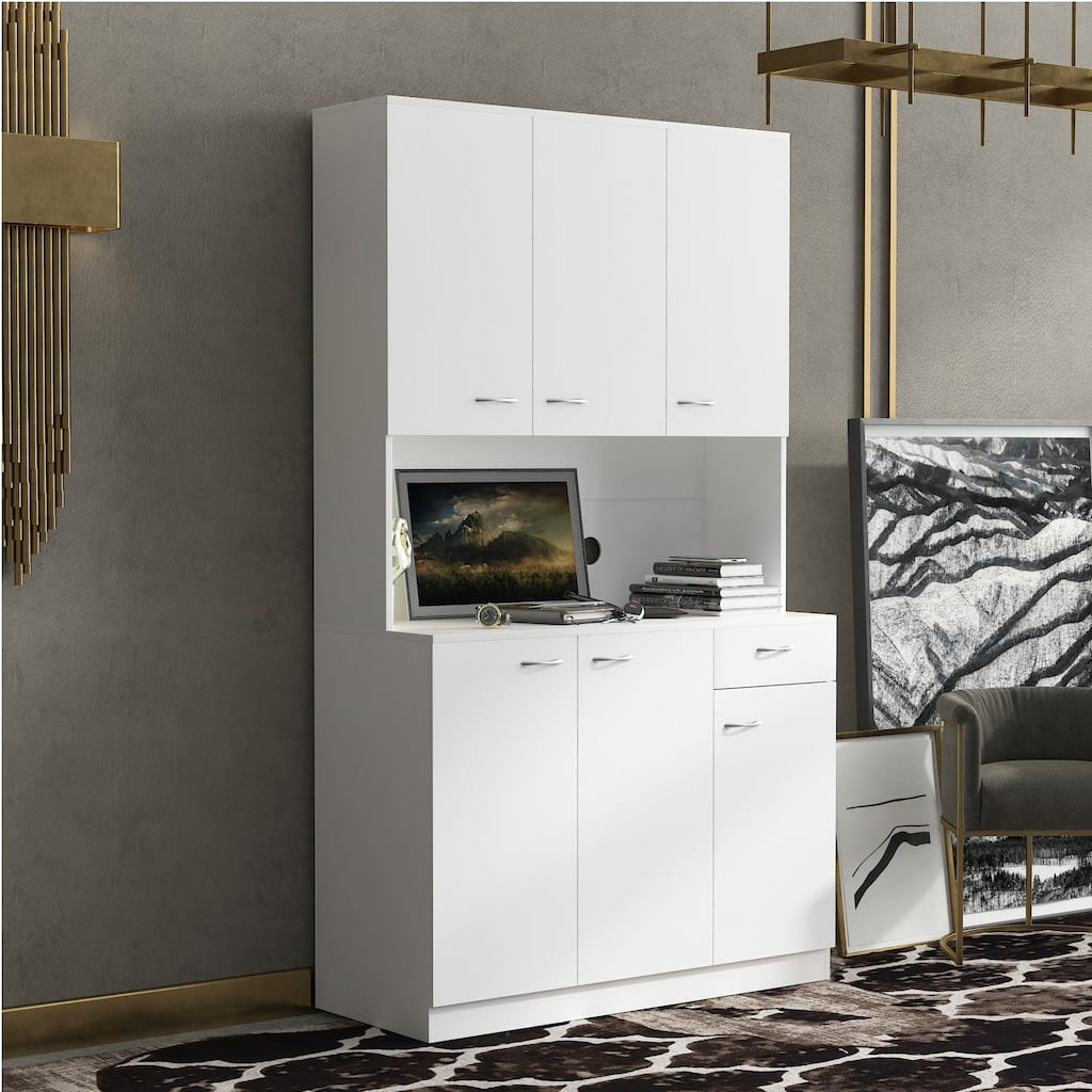 White 71" Tall Kitchen Pantry Buffet Cabinet with 6-Doors, 1-Open Shelves and 1-Drawer - 39.37"W x 15.35" D x70.87"H