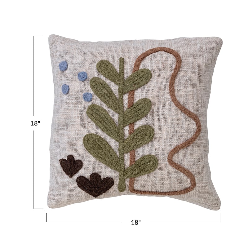 Cotton Slub Pillow with Tufted Plant Design