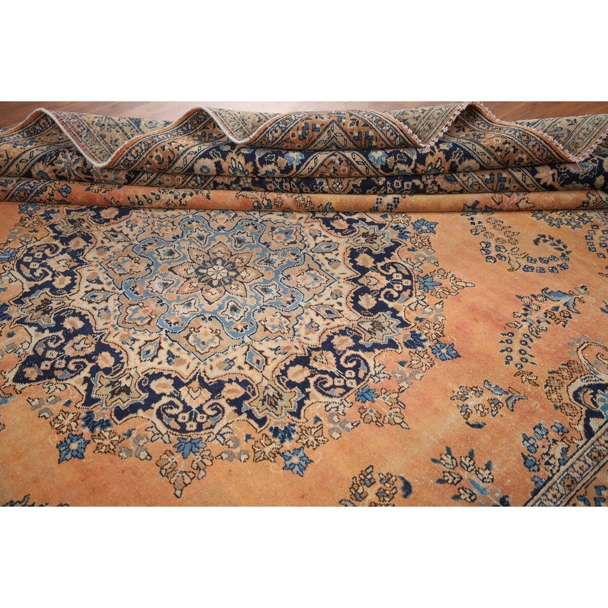 Vintage Orange Mashad Persian Area Rug Hand-Knotted Wool