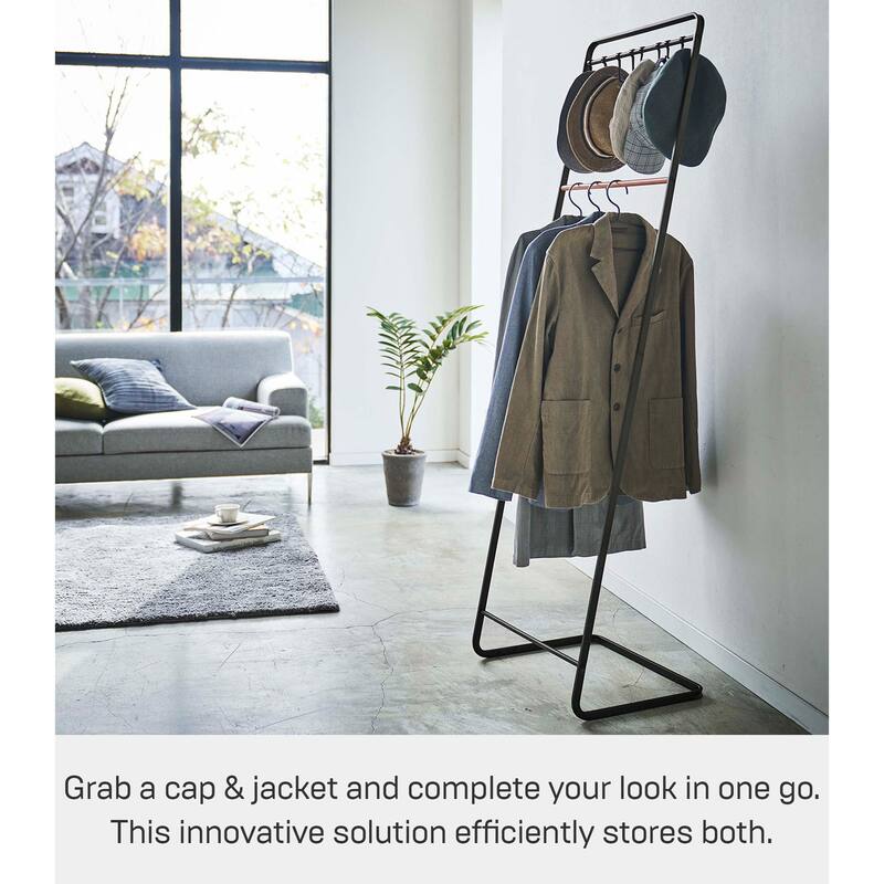 Yamazaki Home Coat Rack with Hat Storage, Steel and Wood - L 16.54 x W 19.69 x H 65.75 inches