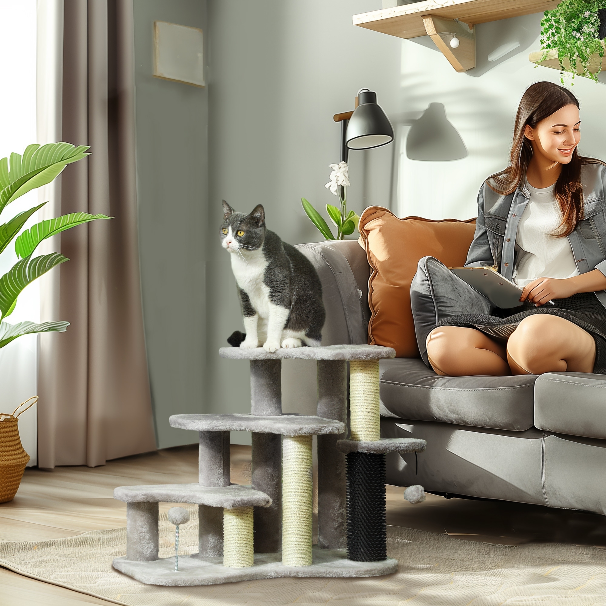 PawHut 20" Cat Tree, 2 in 1 Cat Tower 3-Step Pet Stairs with Scratching Posts, Tickling Post, Toy Balls, for High Bed,Light Gray