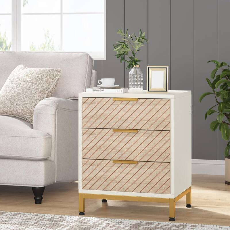 Wood Grain Nightstands, 3-Drawer Storage Bedside End Tables for Bedroom