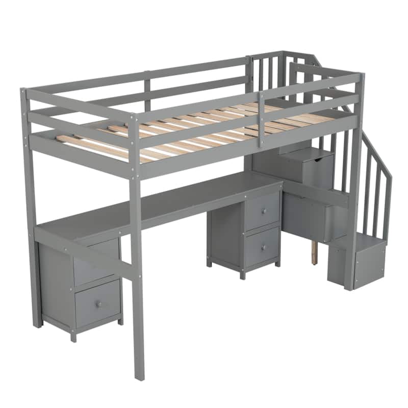 Gray Twin Size Solid Wood Loft Bed with Built-in Desk and Storage Drawers