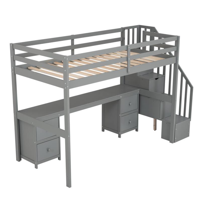 Twin Size Solid Wood Loft Bed with Built-in Desk and Double Storage Drawers