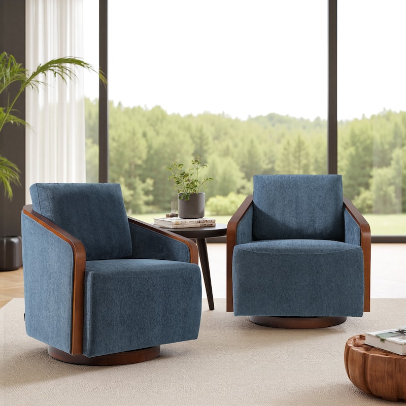 Set of 2 Modern Swivel Accent Barrel Chairs with Wood Arms