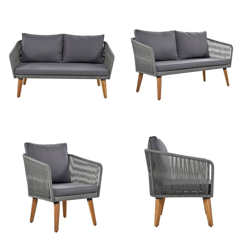 4-Piece Patio Conversation Set with Cushions and Solid Wood Loveseat