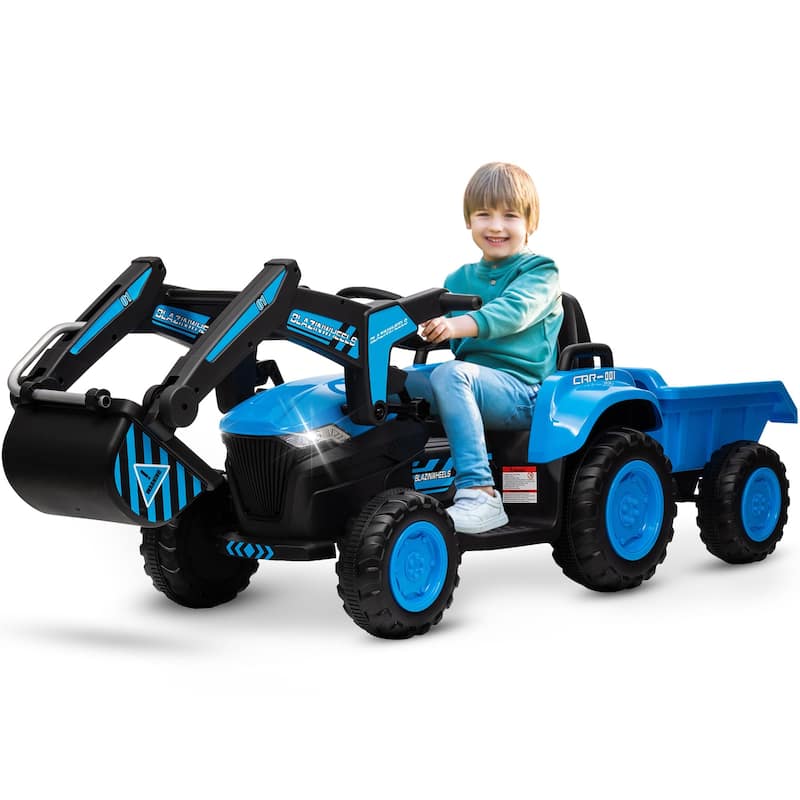 Electric Vehicles with Remote Control, Digger, LED Lights, Music, Ride On Car Toy for Kids - Blue
