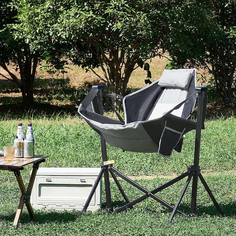 Steel Rocking Hammock Folding Chair with Cushion and Side Pocket - 27.55” L x 35.82” W x 36.02” H